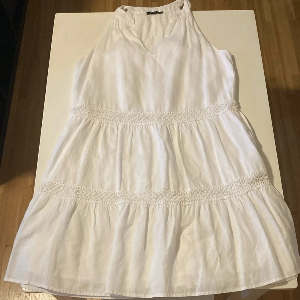 Maven West White Linen Sleeveless Lace Inset Dress Small - Picture 3 of 9